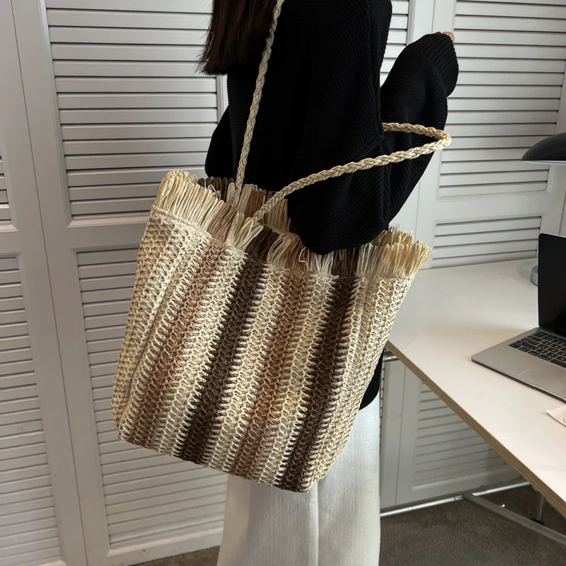 Fashion Straw Woven Shoulder Bag Stripes Handmade Summer Beach Top-handle Handbag Travel Holiday Women Vacation Shopper Totes