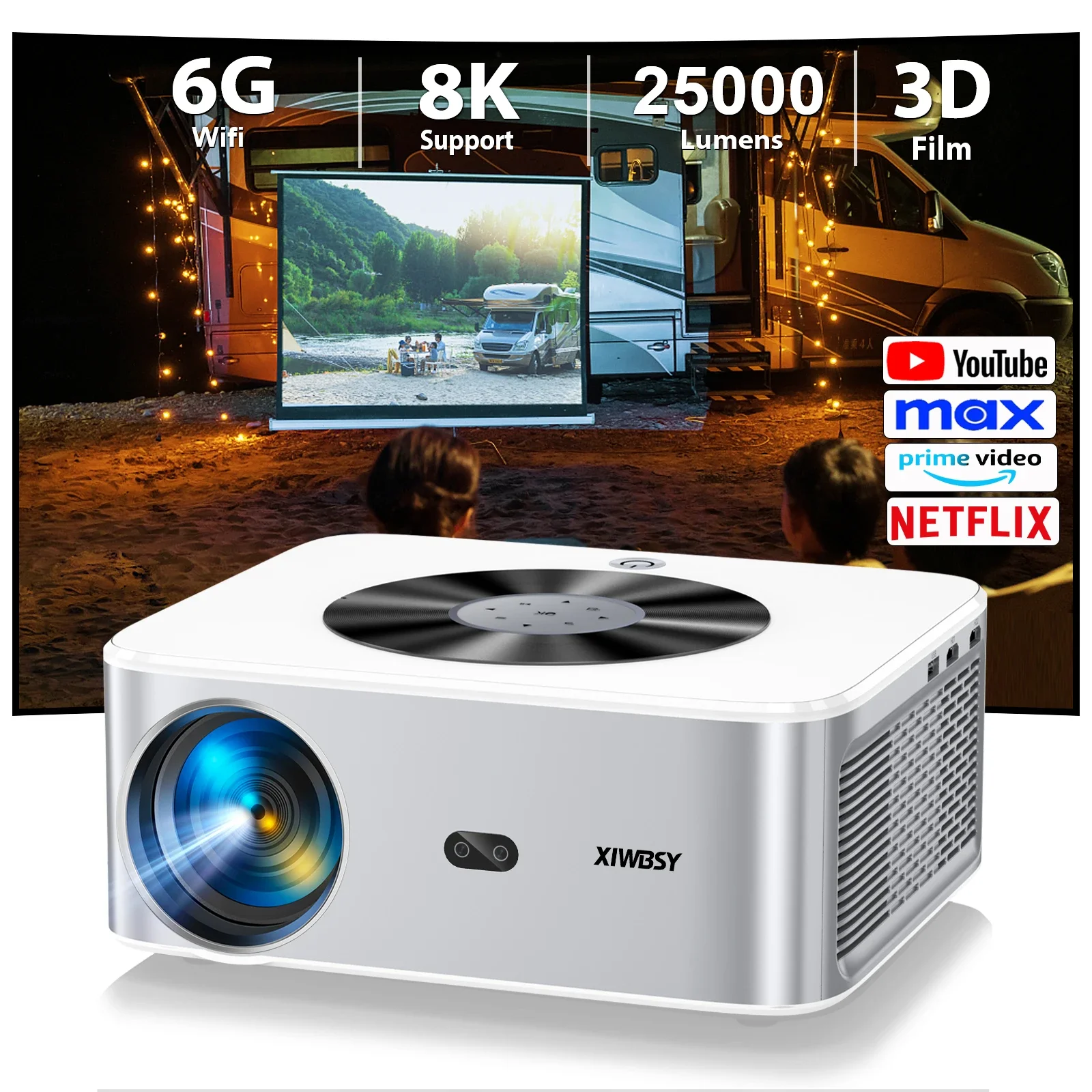 XIWBSY 4K android Projector 25000Lumens 800ANSI Auto Focus/Keystone Projector Home Cinema Theater Smart Projector for Outdoor