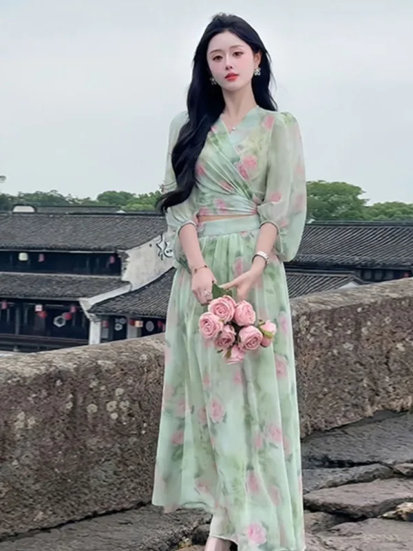 

Fashionable Elegant Complete Set 2025 Summer New High-End Korean Style Women's Clothing Long Sleeve V-Neck Two-Piece Suit