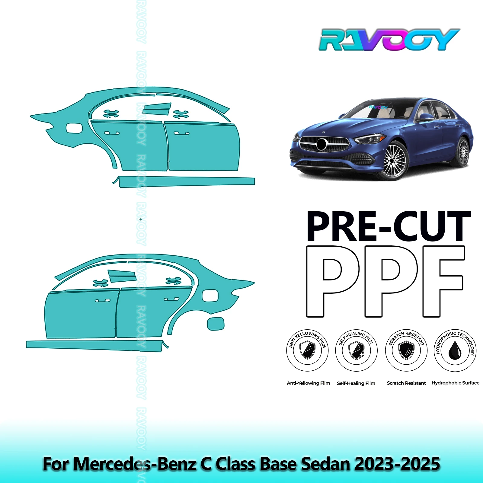 

For Mercedes-Benz C Class Base Sedan 2023-2025 8.5mil Pre-Cut PPF Door & A/B Pillar Kit TPU Paint Protection Film Set