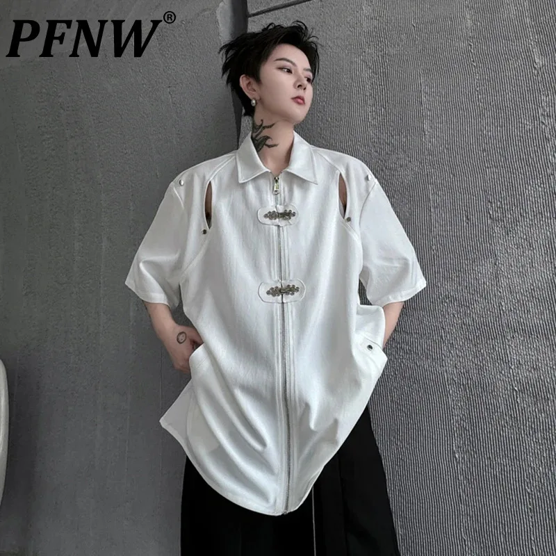 

PFNW Men's Shirt New Chinese Style Knot Button Rivet Personality Hole Design Short Sleeve Zipper Fashion Loose Male Top 28W3277