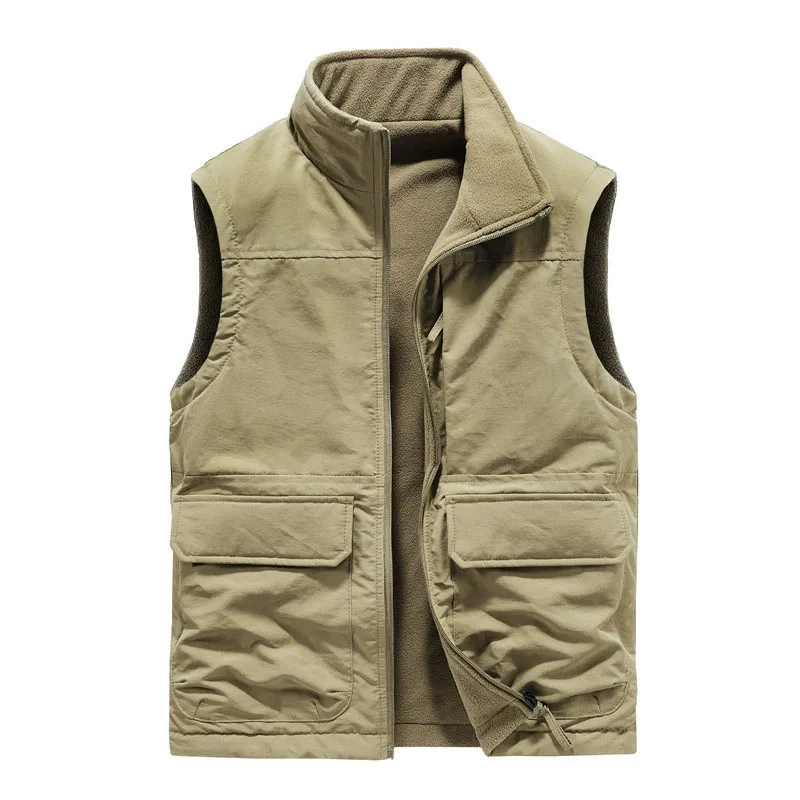 Reversible Sleeveless Vest Jacket Men Thicken Warm Fleece Winter Waistcoat Man Solid Casual Zipper Stand-Up Collar Cargo Vest
