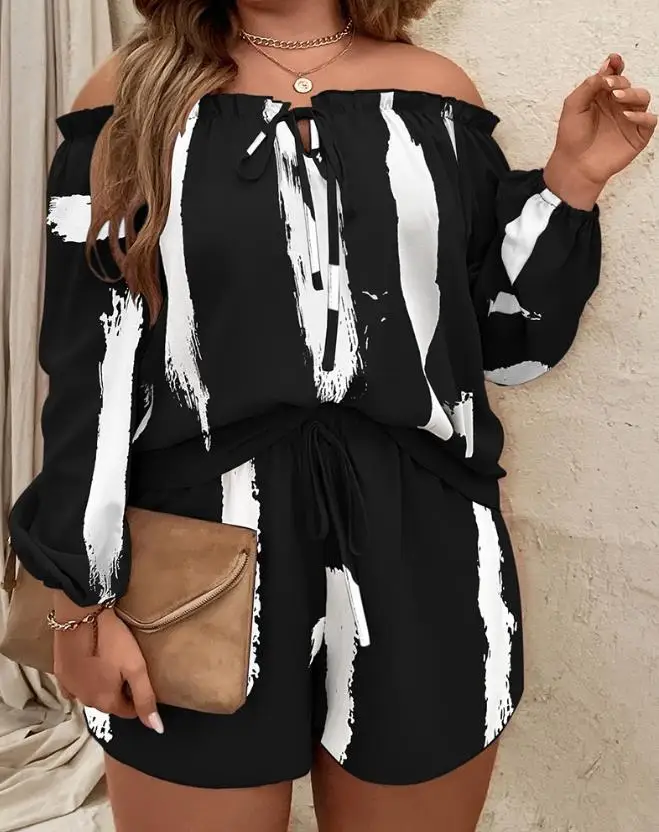 

Women's Casual Suits 2024 Spring Summer Latest Round Neck Tie Dye Print Off Shoulder Long Sleevetop&drawstring Loose Shorts Set