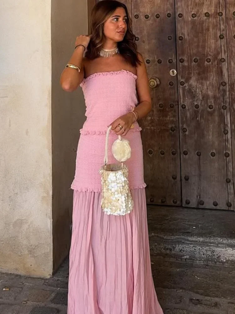 Solid Fungus Edge Top Gonna lunga Set Donna Elegante senza maniche senza spalline Patchwork Abito in 3 pezzi 2025 Nuovi abiti per le vacanze estive