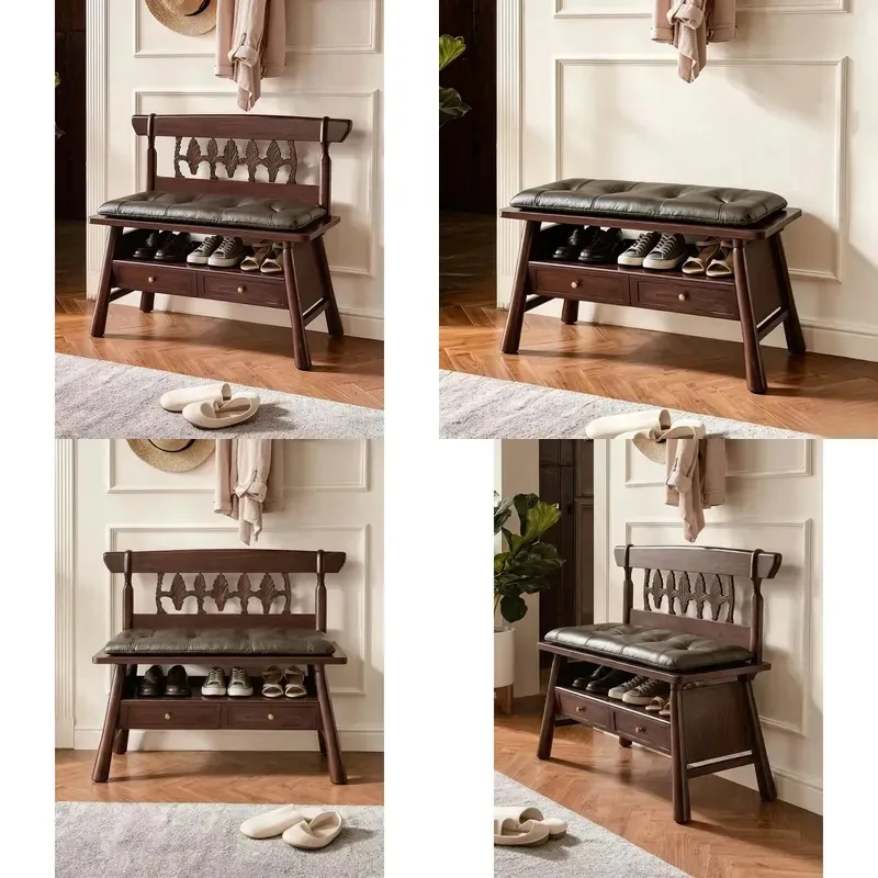 Wood Leather Upholstered Shoe Stool with Storage Space for Porch Corridors American Country Design Chair Furniture