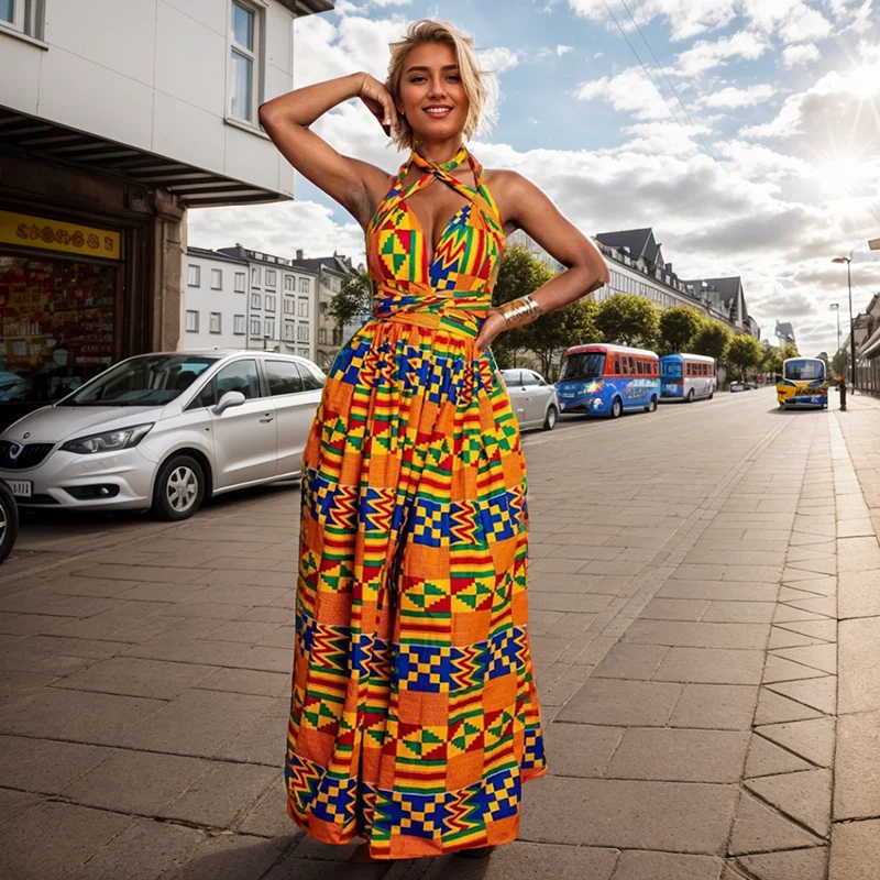 Vestido largo africano sin mangas para mujer, traje Sexy con estampado nacional y Espalda descubierta, Estilo Vintage e informal, 2021