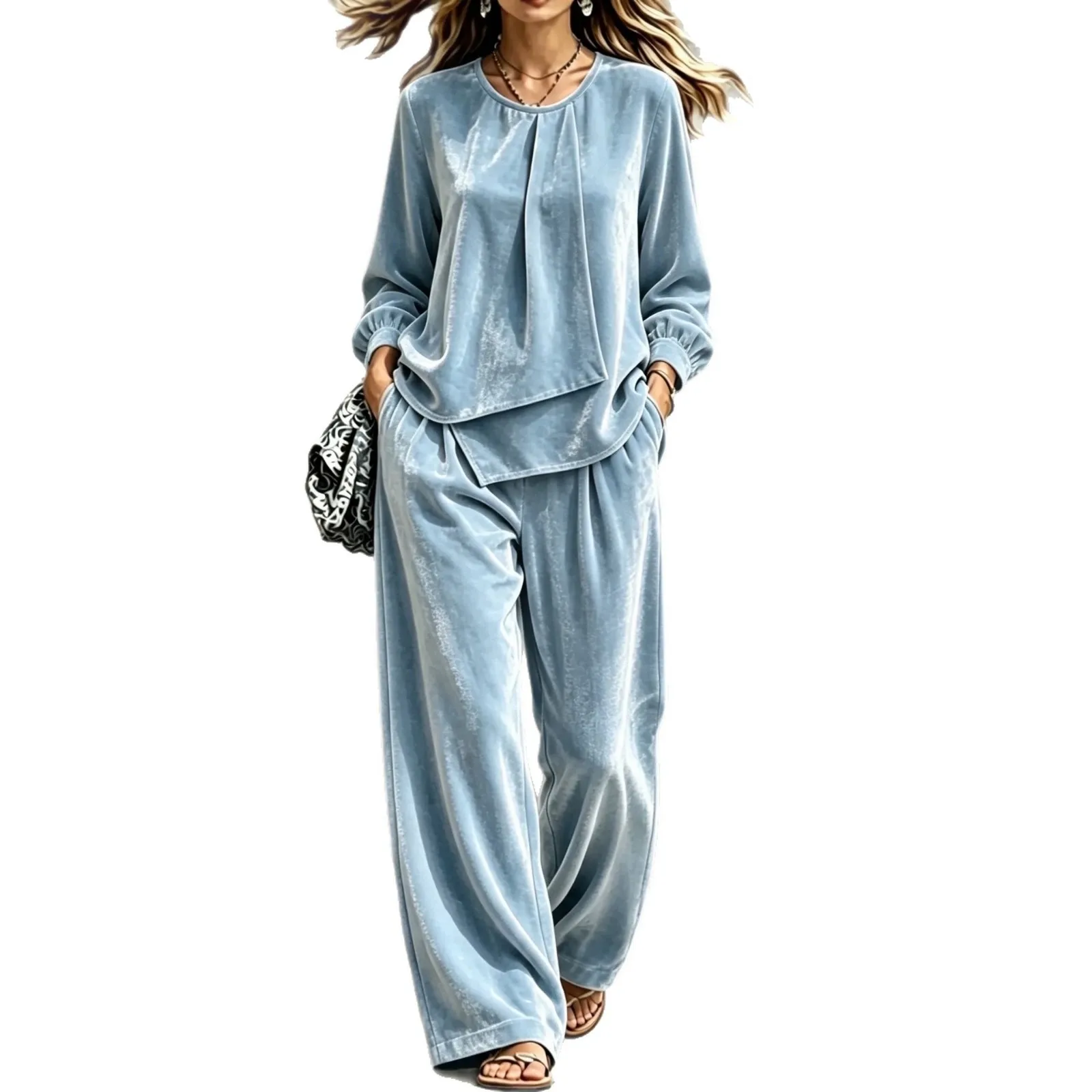 Wide Leg Round Neck Set Commuter Chic with High Temperature Setting Minimalist Full Length Autumn Elegant Women Winter Set