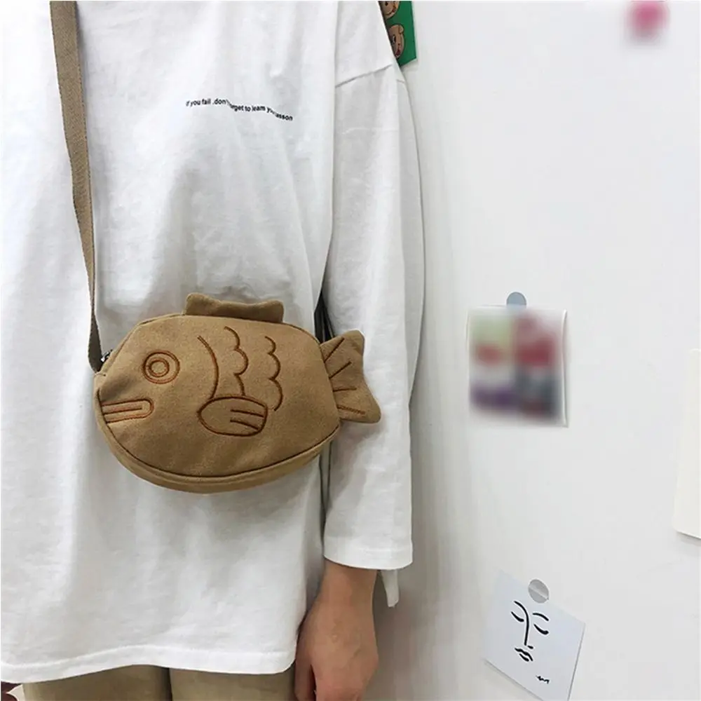 

Canvas Taiyaki Crossbody Bag Japanese Style Large Capacity Cartoon Shoulder Bag Messenger Bag Multifunctional Storage Bag Lady