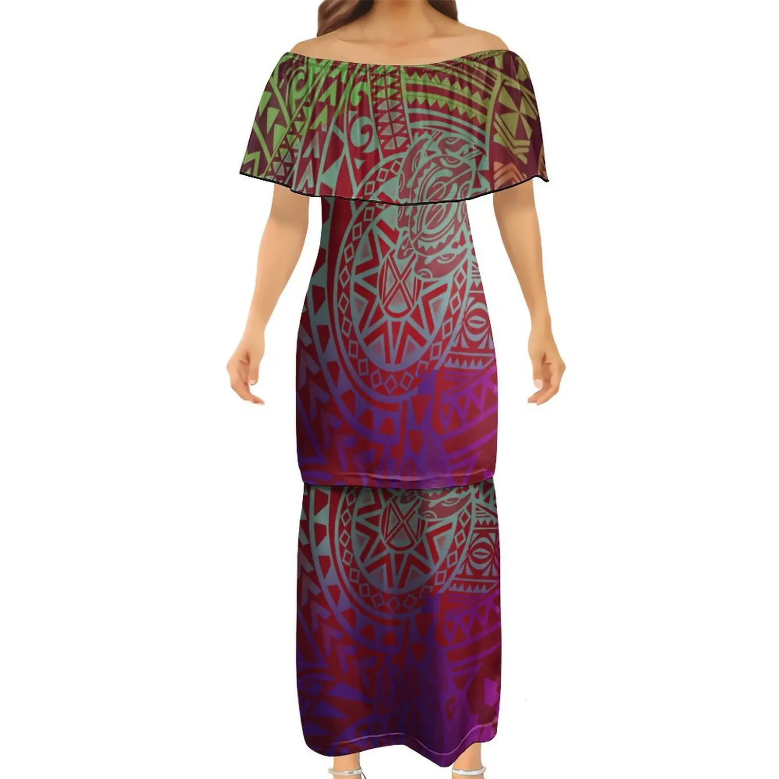 Luxury Design Polynesian Dress Tribal Dress Custom Puletasi Lotus Leaf Line Collar Custom Samoan Floral Print Dress 2024