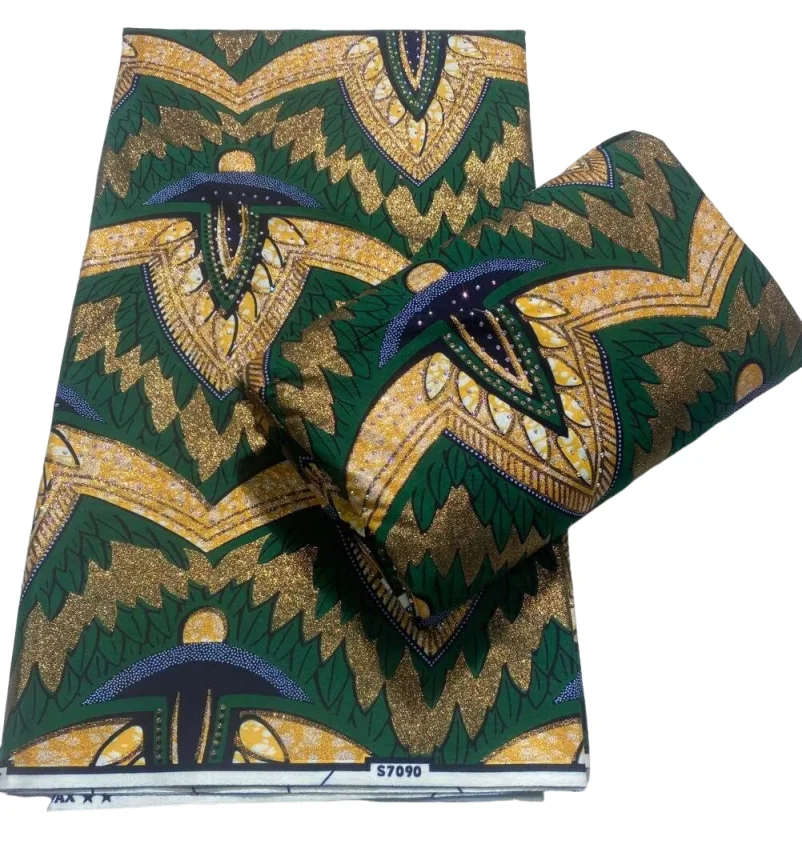 

100% Cotton Super Soft African Real Wax Gold Powder Fabric With Stones Ghana Nigeria High Quality Ankara Wax Batik Fabric 6Yards