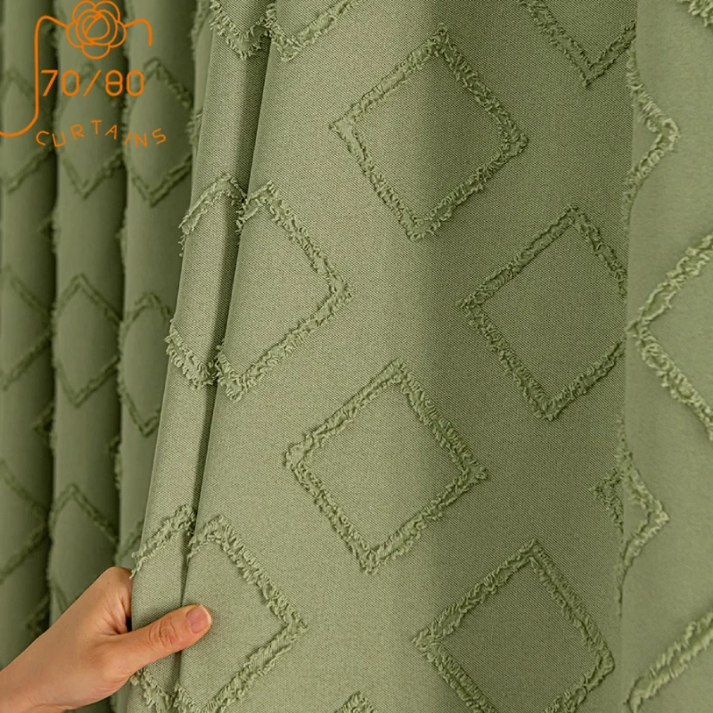 

Customized Flocked Fringed Matcha Green Cotton Linen Lattice Curtains for Living Room Floor Curtains Bedroom Window Partition