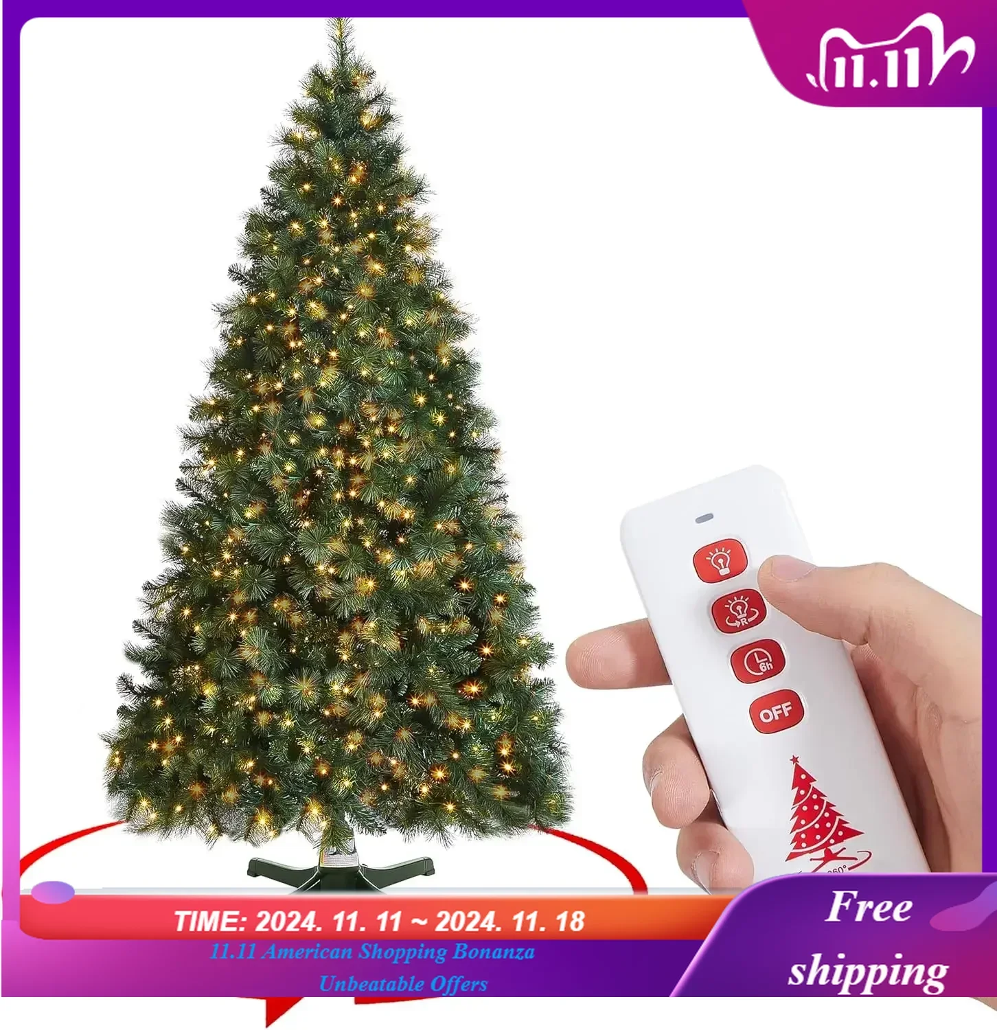 Foot Artificial Pre-Lit Rotating Christmas Tree with Remote Control and Timer,W/500 Clear LED Lights,1000 Branch Tips