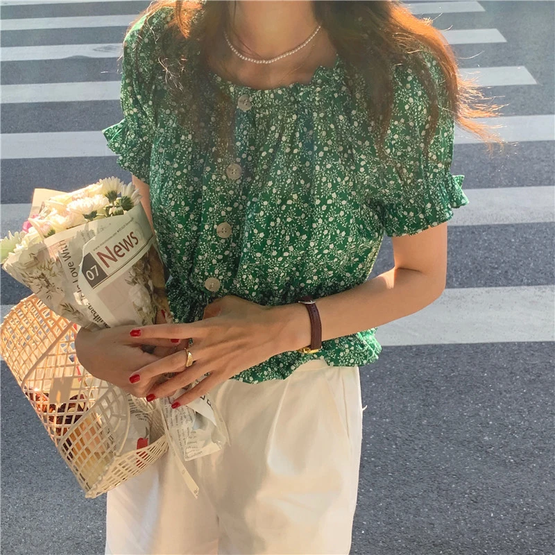 Chic Summer Ele Floral Print One-oulder ort irt Women's Design Sensation Bubble Sve Faionable Top Korean Sle...
