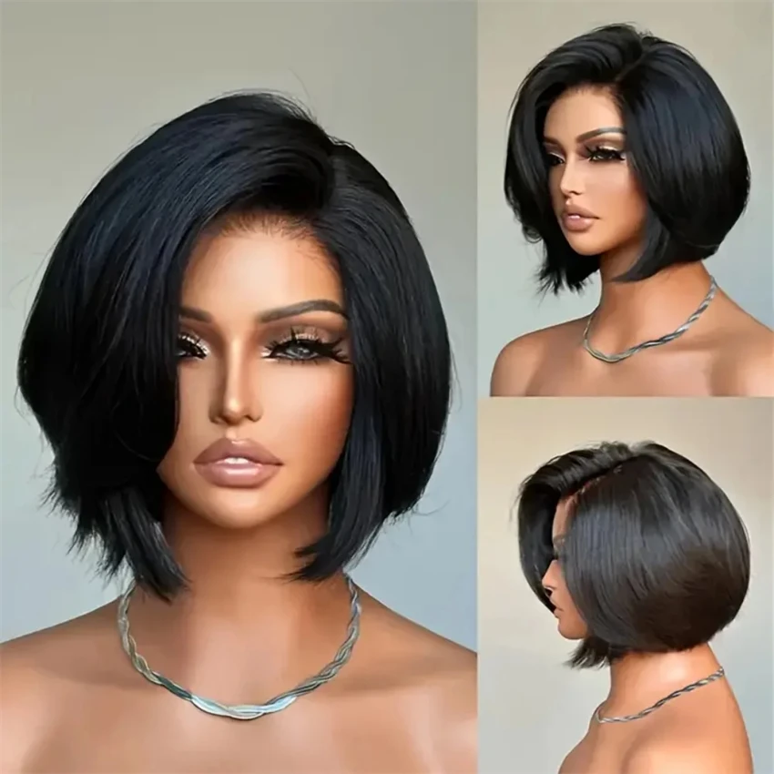 8 Inch Short Curly Wave Bob Wig for Women, Brazilian Remy Human Hair 13x4 HD Lace Front Wig, 180% Density Pre Plucked Lace Frontal Wig