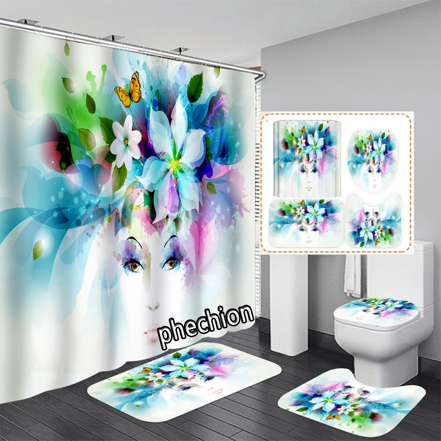 New Flowers 3D Print Shower Curtain Waterproof Bathroom Curtain Anti-slip Bath Mat Set Toilet Rugs X09