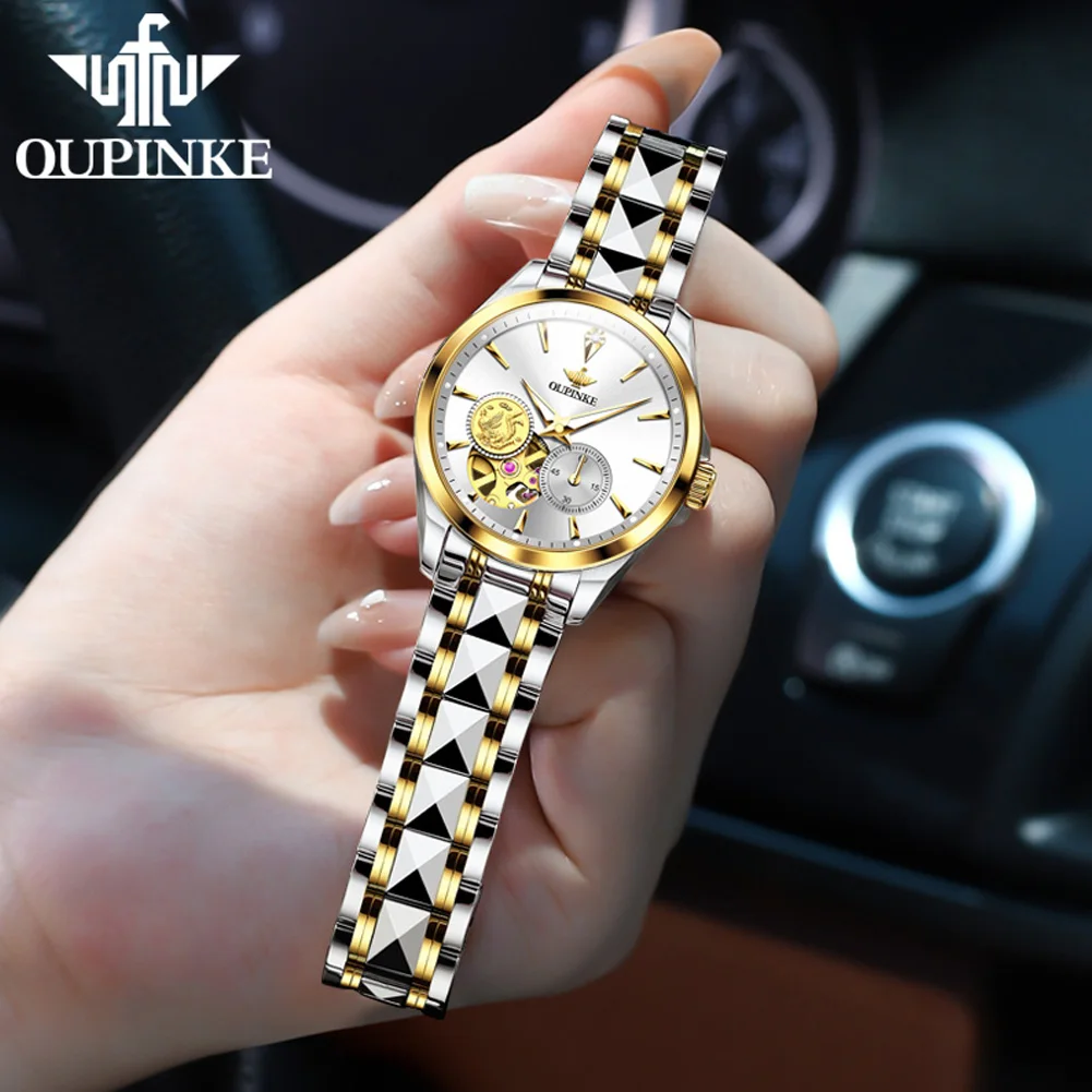 OUPINKE 3260 Real Diamond Mechanical Watch For Women Hollow Luxury Wristwatch Import Movement Waterproof Business Woman Watches