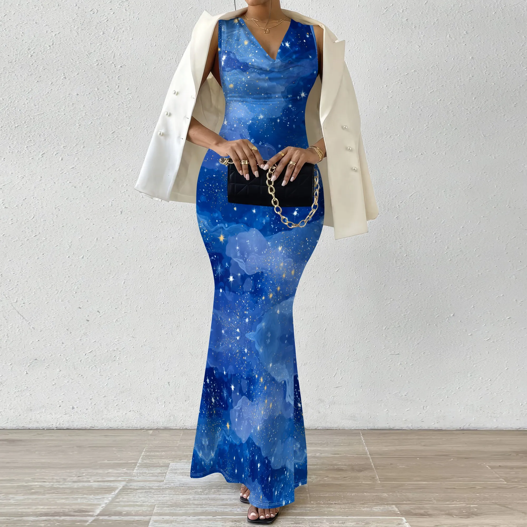 

Women’s Sleeveless V-Neck Maxi Dress, Elegant Floral Print Bodycon Dress, Summer Cocktail Dress, Available in XS-2XL
