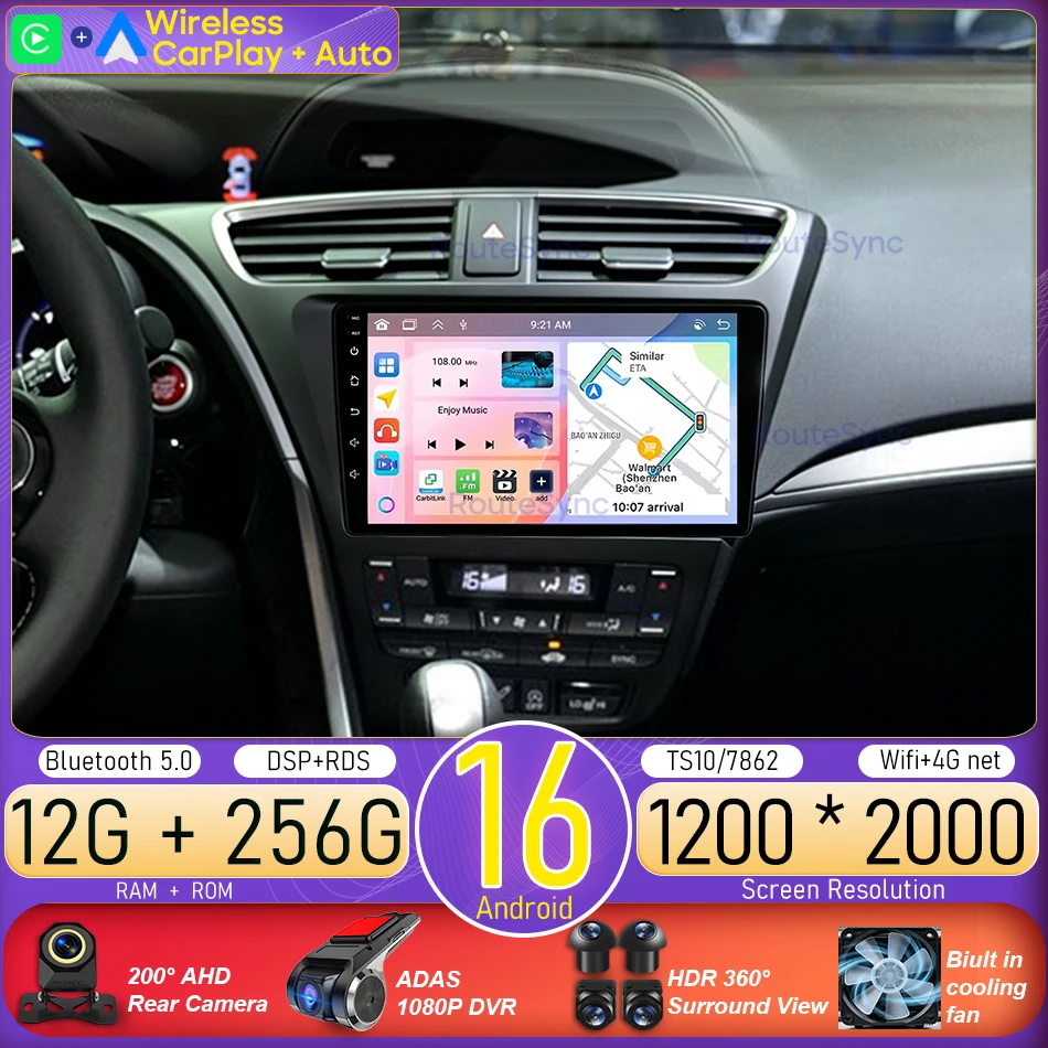 

Android 16 For Honda Civic 9 2012 2013 - 2017 Car Radio Multimedia Video Player GPS Navigation Stereo CarPlay Head Unit No 2din