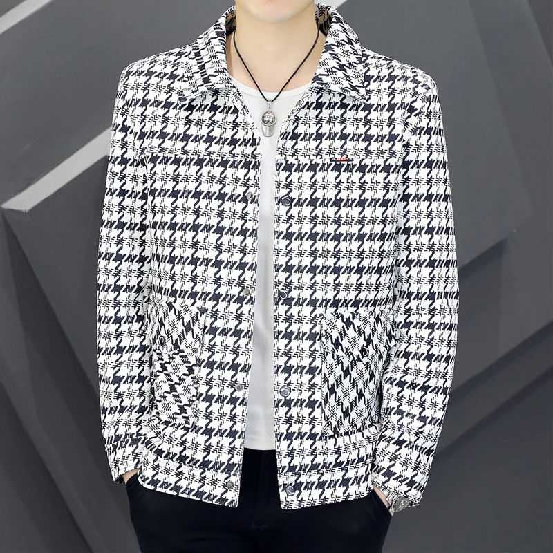 Casual Thin Collar Men's Jacket Spring Autumn 2023 Fashion Brand Check Pattern Youth Outerwear Standard Fit Long Sleeve