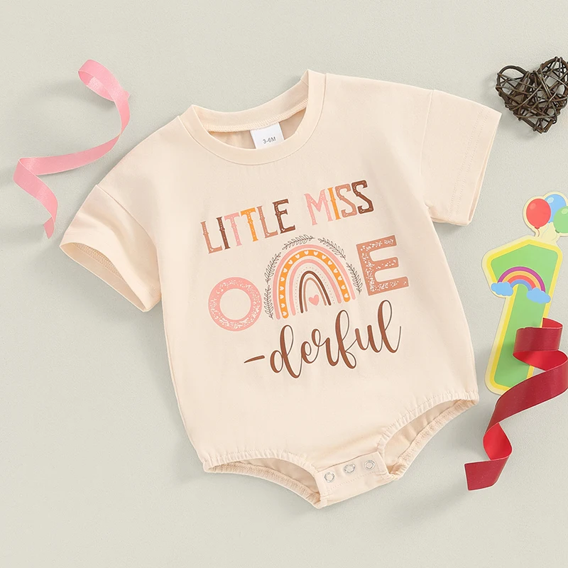 Baby Girl Little Miss Onederful Bubble Romper T-Shirt Short Sleeve  Bodysuit 1st Birthday Outfit Summer Clothes