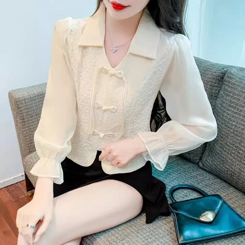 Chinese Style Chiffon Shirt Button Shirt Women\'s Long Sleeved Spring AutumnThin Waist Tightening And Slimming Top WhiteShirt