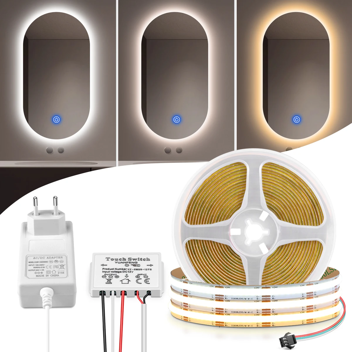

12W/M CCT COB Светодиодные ленты 3000K 4000K 6000K Все в одном Светодиодная лента с диммером для освещения зеркала/стекла в ванной комнате