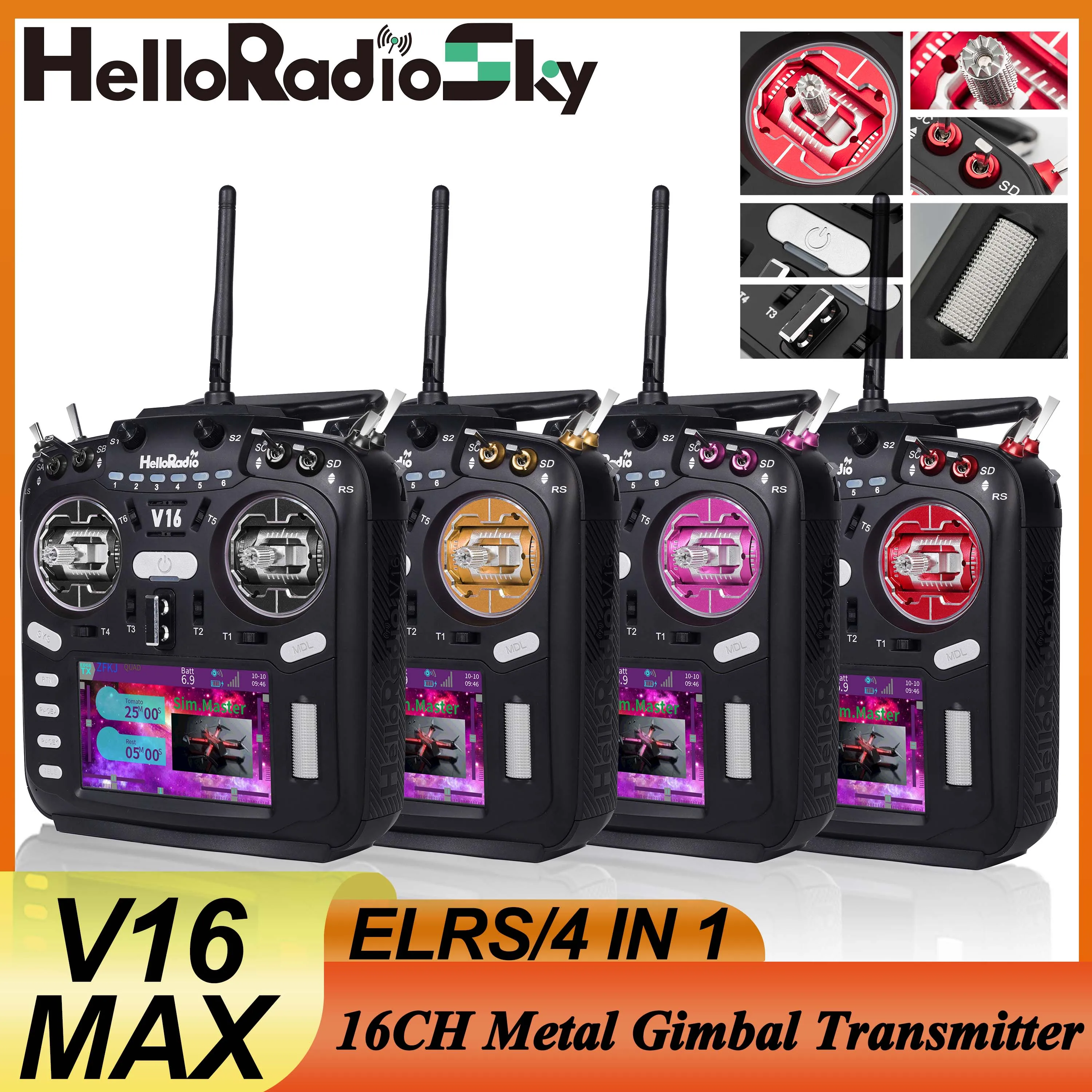 

HelloRadio V16MAX ELRS 4IN1 Transmitter Metal Gimbal Motion Control Remote Control for RC Airplane FPV Racing Drone Aircraft