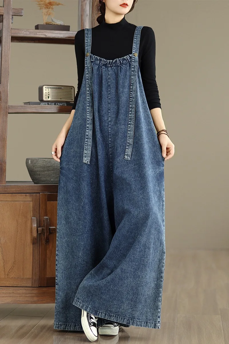 NYFS 2025 الربيع الصيف النساء وزرة الدنيم السراويل الإناث خمر الصلبة فضفاضة حجم كبير بذلة المرأة