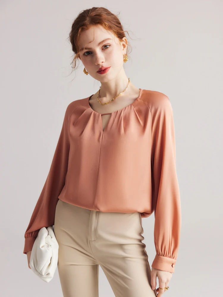 SuyaDream, Women Chic Blouses, 90%Silk 10%Spandex, Round Collar Plain Shirts, 2024 Spring Summer Raglan Sleeves Top