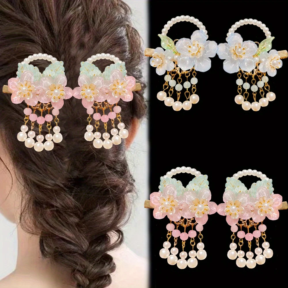 Elegant 2pcs Set Vintage Chinese Style Tassel Flower Hair Clips - Resin, Mixed Colors, Cute & Sweet BB Clips for Cosplay