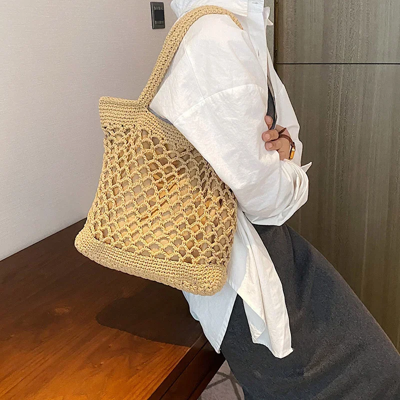 Summer Beach Bag for Women Mesh Rope Knitted Bucket Shoulder Bags Reticulate Hollow Travel Shopper Totes Ladies Fashion Handbag