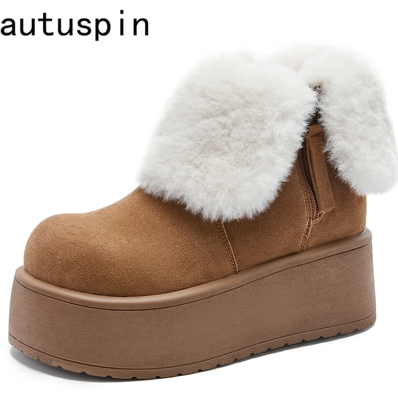 

AUTUSPIN 6cm Chunky Women Winter Shoes 2025 Fashion Big Wide Toe Female Snow Boots Outdoor Thickened Warm Plush Short Booties