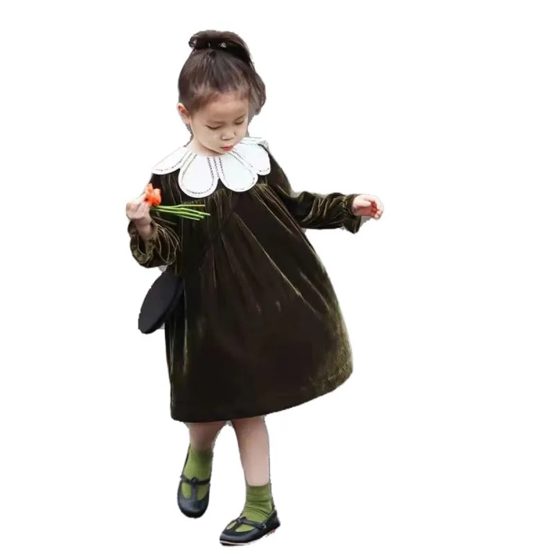 Baby Girls New Autumn Winter Velvet Princess Dress Kids Cute Doll Collar Long Sleeve Casual Dresses y1079