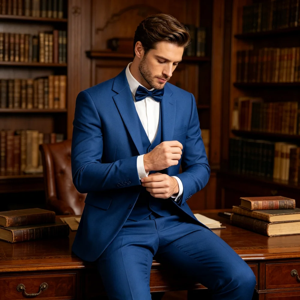 

Мужской комплект: приталенный двубортный пиджак, жилет и брюки. Смокинг для жениха, деловой костюм для вечеринок и свадеб.