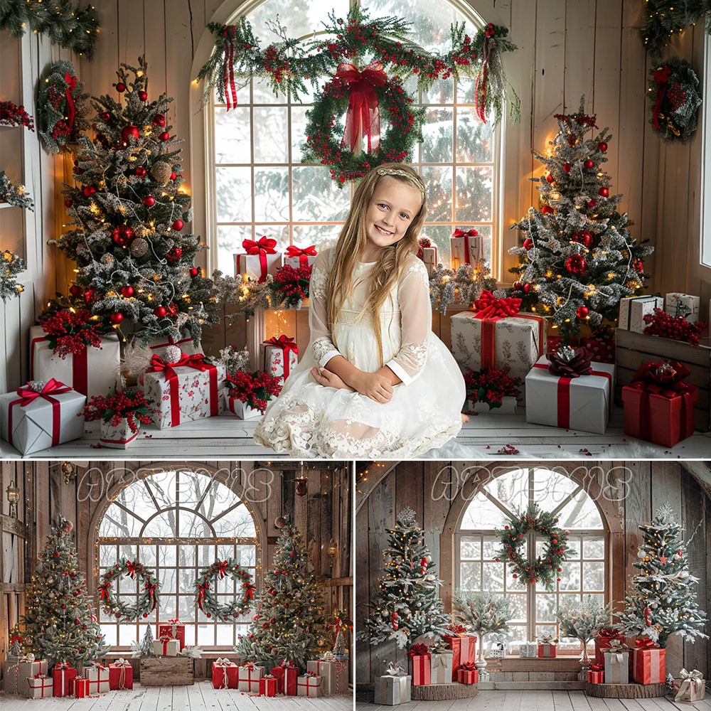 Christmas Backdrop Arched Window Christmas Tree Presents Wreath Silver Ribbon Wooden Wall Grey Background Photo Studio Photocall