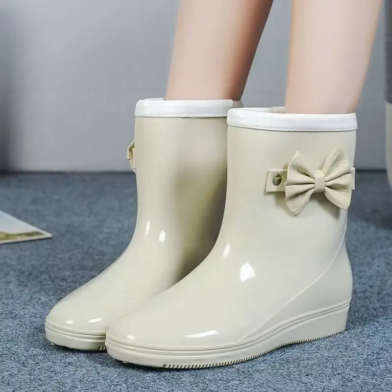 

Woman New Flat Sole High Top Bow Rain Boots Thick Sole Non Slip Round Toe Waterproof Fashionable Water Shoes Work Shoes