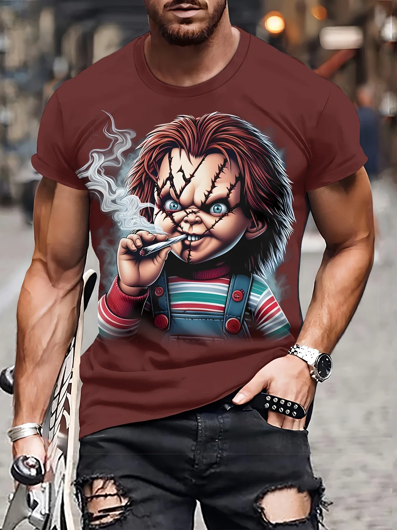 Men's Streetwear Hip-Hop T-Shirt 3D Ghost Doll Pattern Printed Tops Summer Casual Daily Tees Retro Horror Men's Clothing