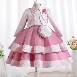 3-piece New Girls' Princess Dress Embroidered Long Sleeve Elegant Girls' Dress Children's Birthday Party Dress+Bag Set