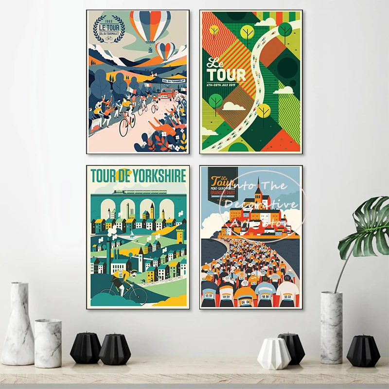 Retro Cycling Spring Classic Cartoon Cyclist Tour Mont Ventoux Ascent Landscape Mountain Canvas Painting Picture Home Decor Gift