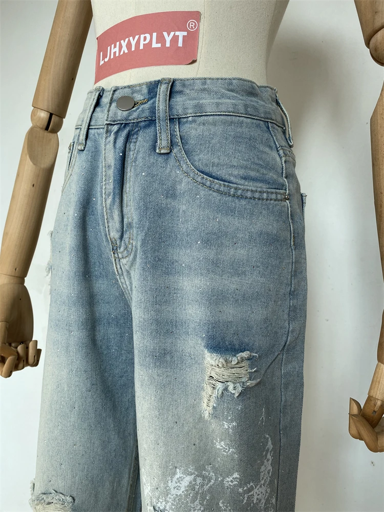 Jean bleu perforé creux imprimé pour femmes, pantalon ample personnalisé, bas décontracté Cool pour filles, pantalon en Denim de rue