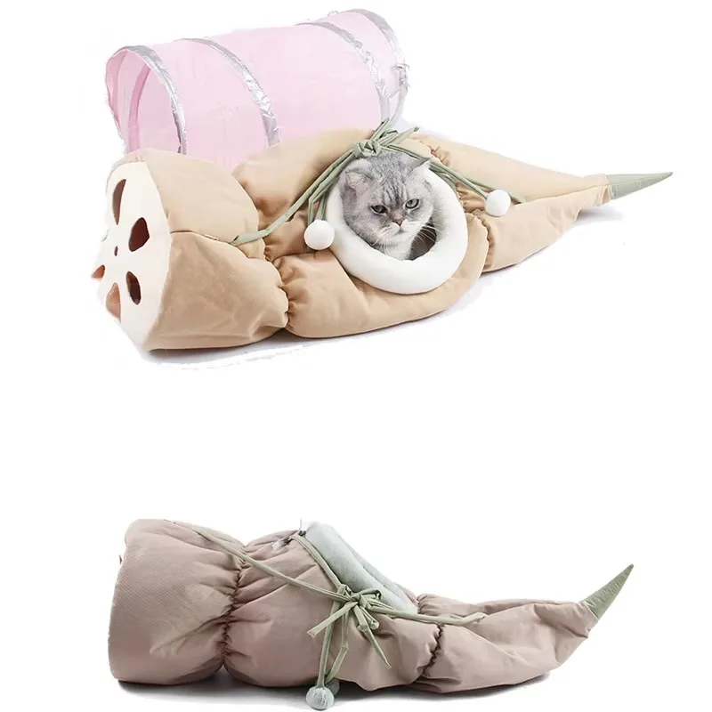 

Wholesale Solid Pattern Semi-Enclosed Pet House Cat Tunnel Hammock Lotus Root Cradle Nest Folding Toy Houses for Cats
