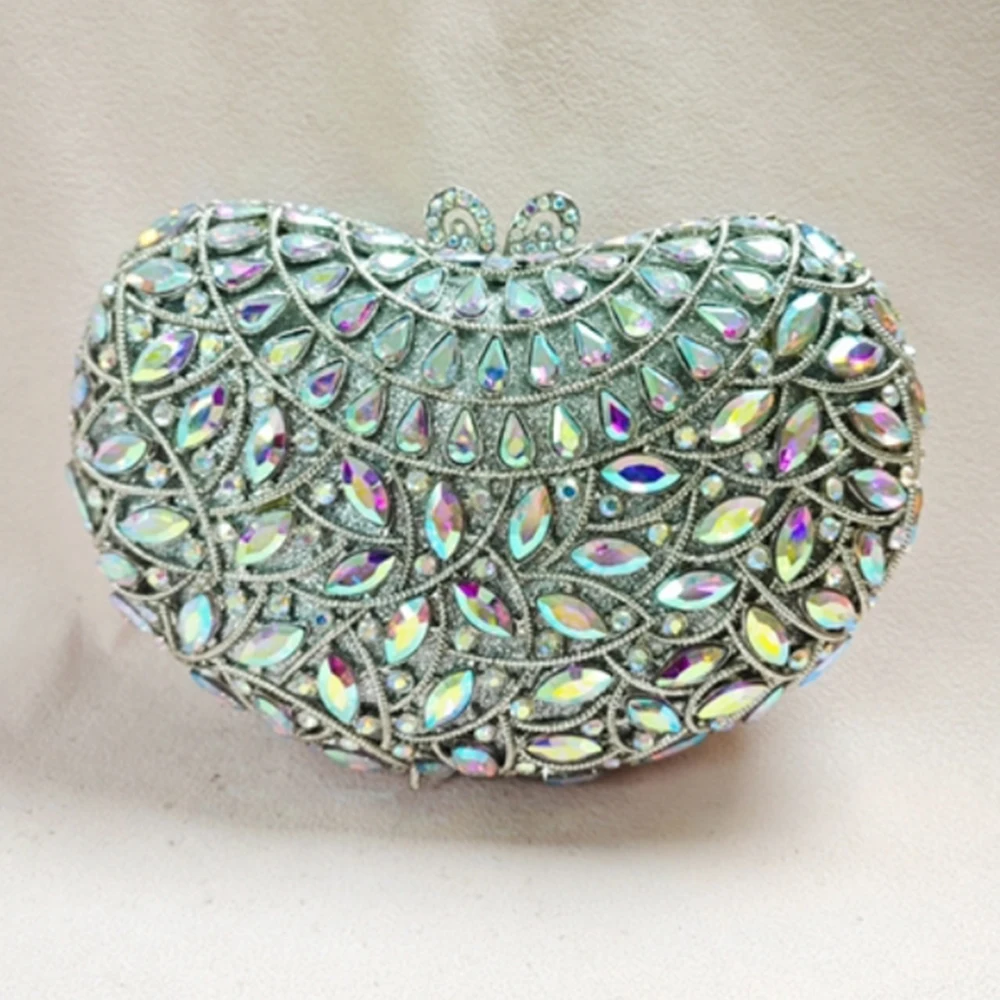 Heart Shaped Silver/Gold Metal Blue Rhinestone Wedding Purse Luxury Women Diamond Party Prom Clutches Crystal Dinner Handbags