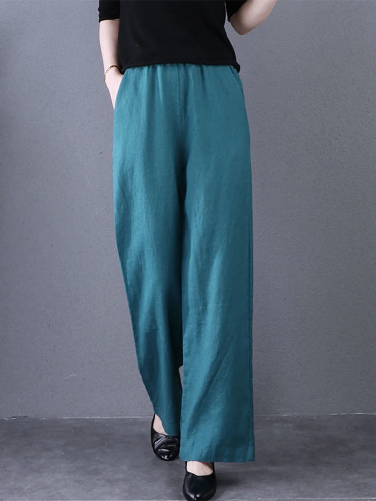 Solto algodão linho calças de perna larga feminina cintura alta em linha reta casual artístico cor pura outono inverno faion commute sle
