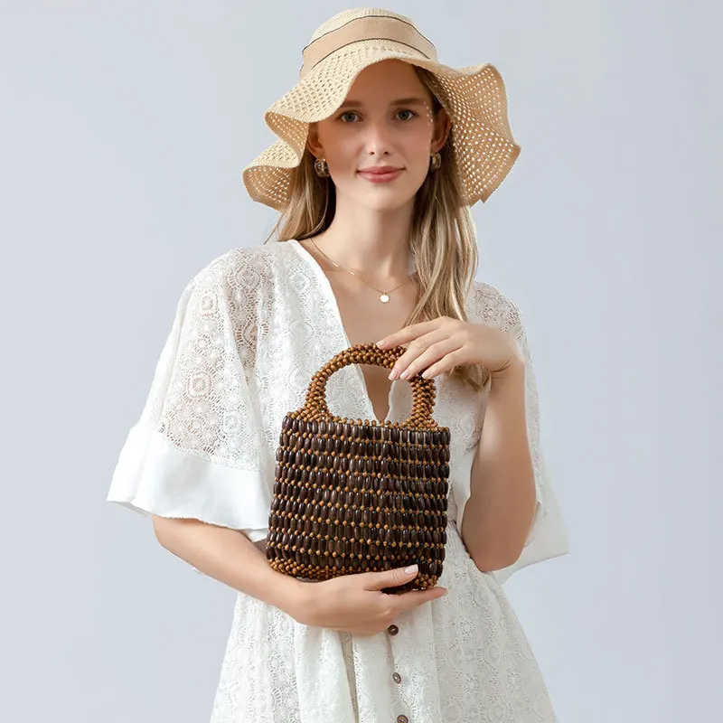 Summer Wooden Bead Bag, Hand-woven Bags, Female Unique Design Portable Commuter Bag, Mini Female Hand Bags