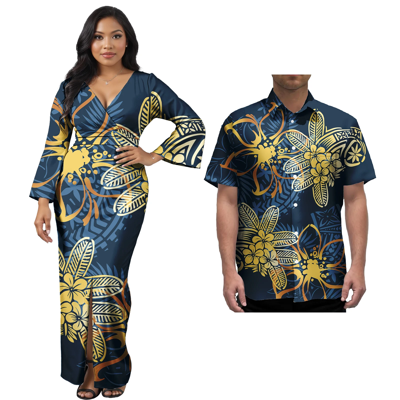 Coppia Hawaii Set Polinesiano Tribale Stampa Floreale Donna Slim Abito Sexy Partita Camicie da Uomo Abiti da Sera Festa