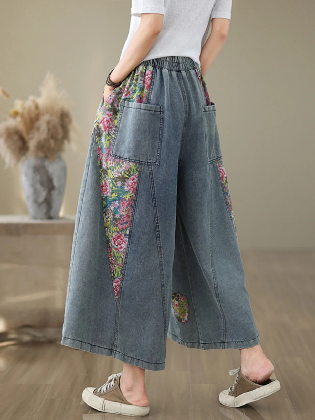 Retro kleur blo print getailleerde denim broek hoge taille dunne sle afslankende casual negenpunts wijde pijpen broek voor dames