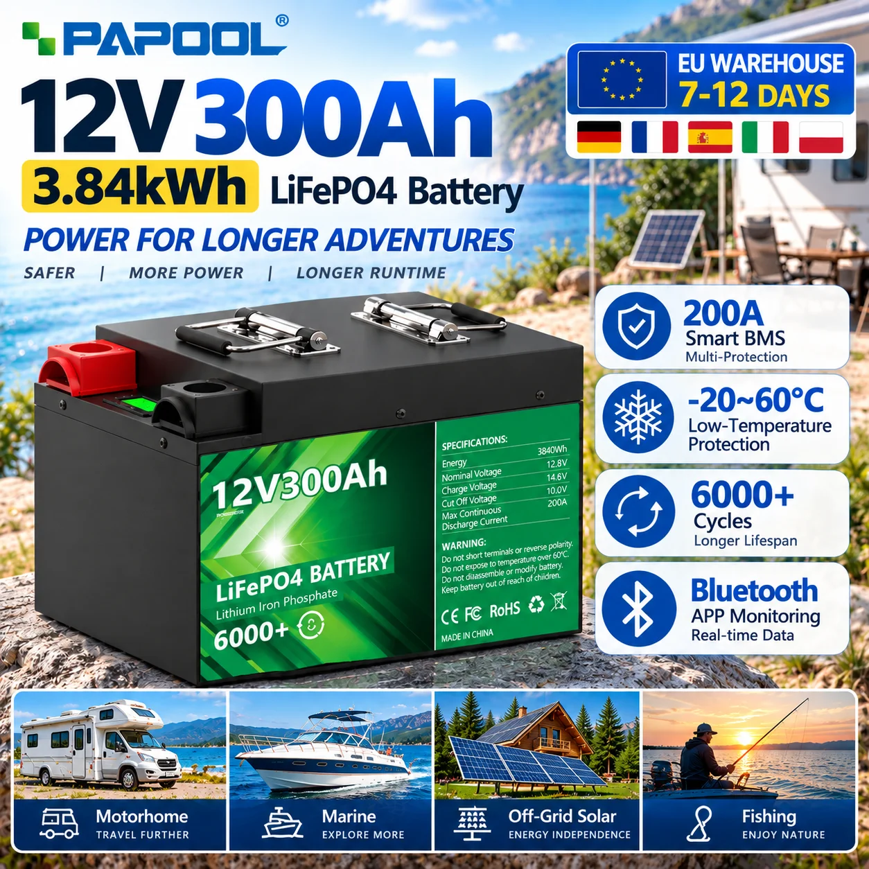 12V 300Ah LiFePO4 Batterie 3,84kWh Bluetooth 200A BMS 6000 Zyklen Grade A Zellen 12,8V 200Ah für Wohnmobil Solar Marine Off-Grid EU LAGER