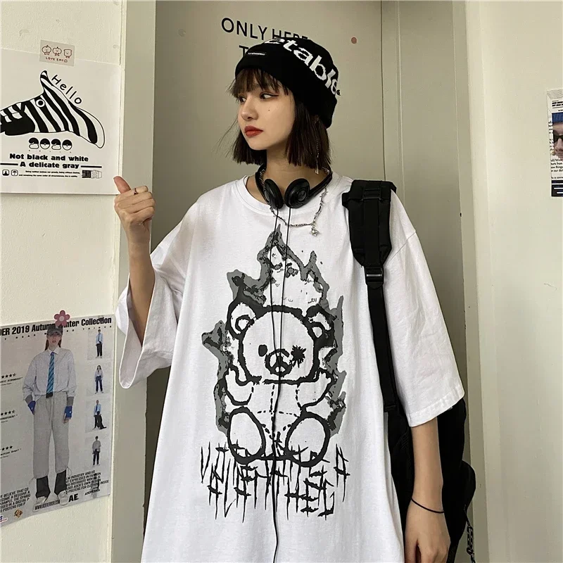 Vintage Korean Clothes Women T-Shirt Goth Y2K Anime Harajuku Tops Anime Cartoon Graphic Print Oversized T-shirt Short Sleeve