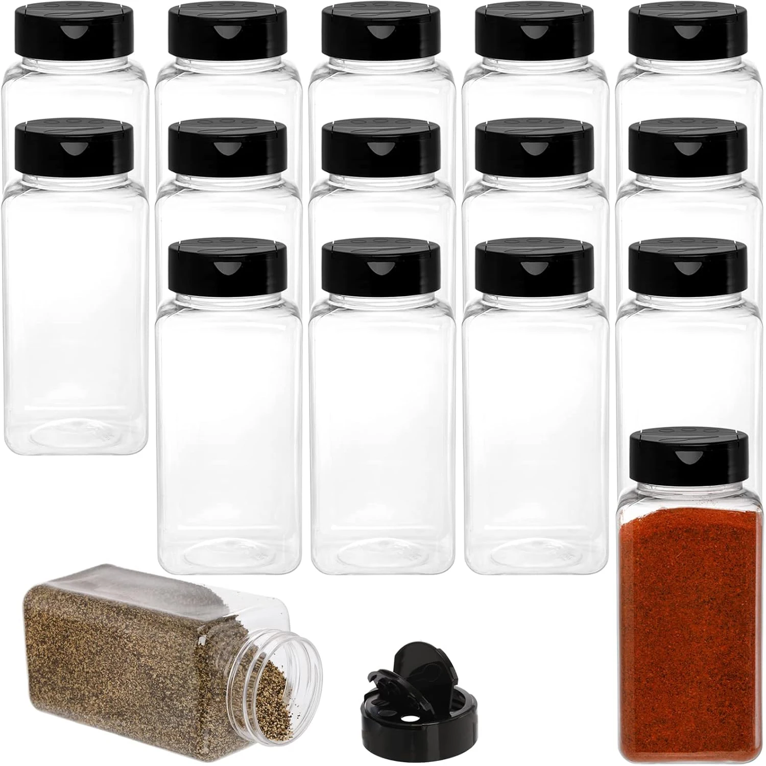 Square Large Plastic Spice Jars with Shaker Pourer Lids Clear Empty Seasoning Containers for Dry Food Condiments