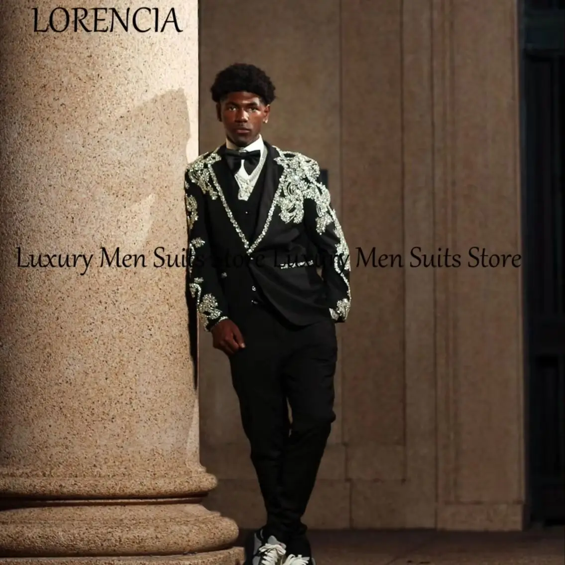 

Luxury Men's Suit 3 Pieces Full Rhinestone Peak Lapel Wedding Groom Tuxedo For Evening Party Customized Terno Masculino Completo